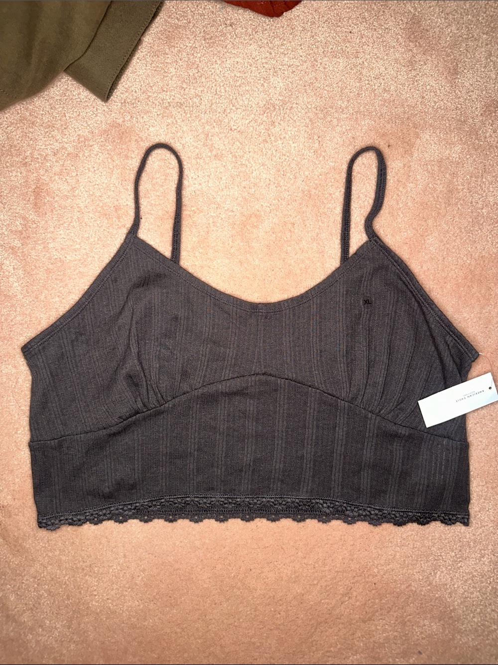 American Eagle Charcoal Grey Cropped Lace Trim Pointelle Style Tank NWT